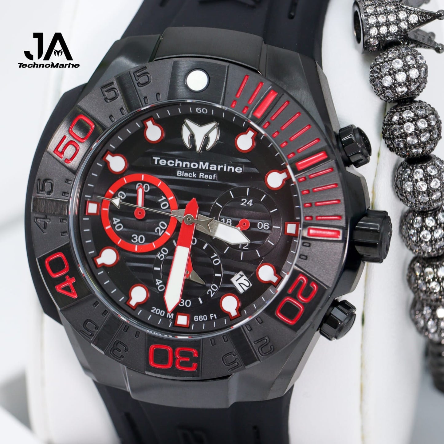 Technomarine Reef Black 45 mm Chronograph Quartz Black Red Dial Men's Watch (Una Pulsera Gratis)