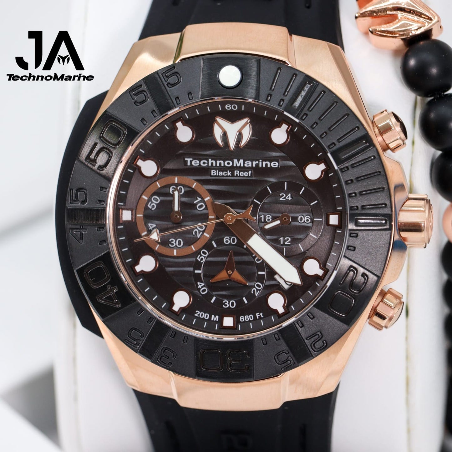 Technomarine Reef Black 45 mm Chronograph Quartz Rose Gold Dial Men's Watch (Una Pulsera Gratis)