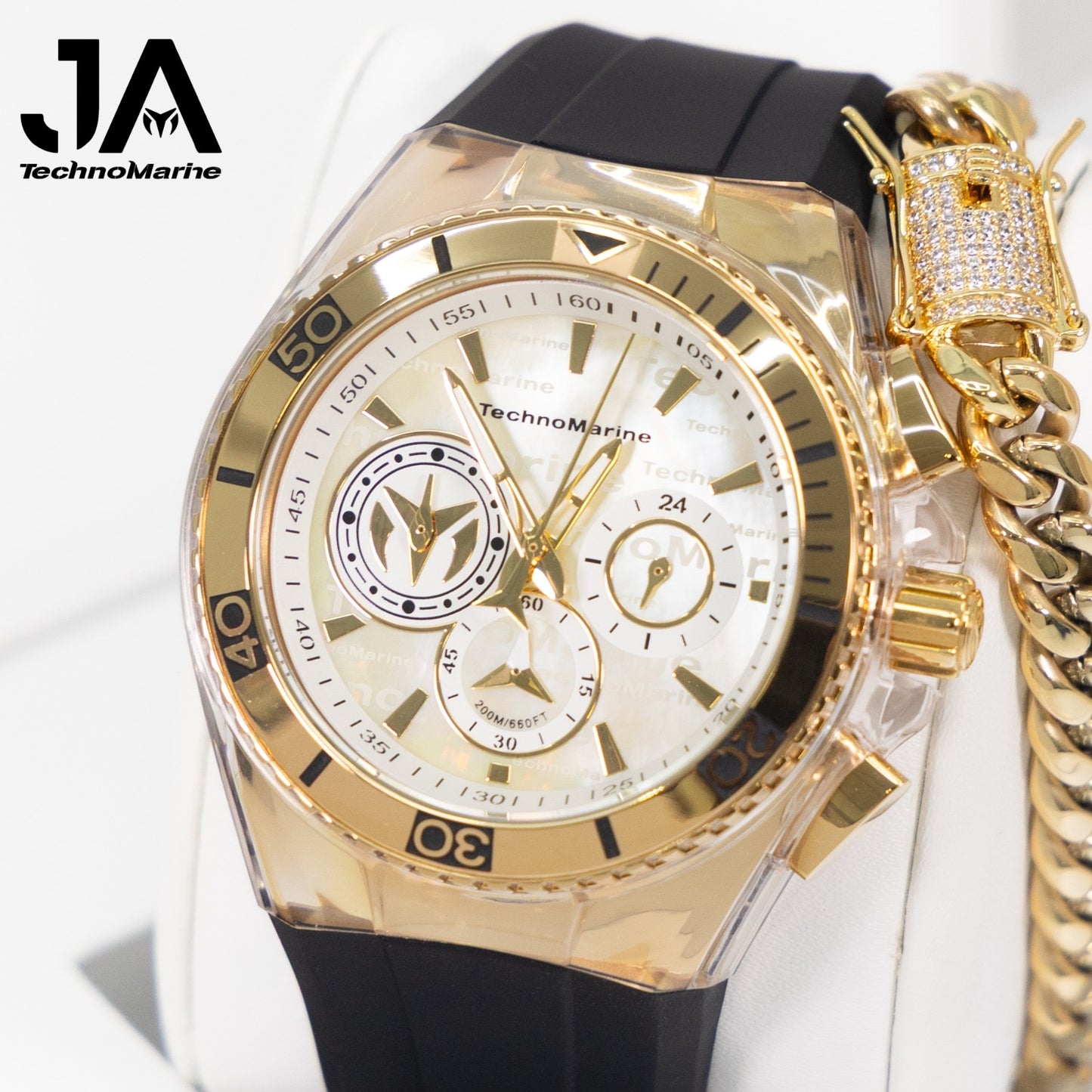 Technomarine Hombre Cruise California Men's Watch w/ Metal, & Oyster Dial Con una Pulsera Cubana Baño 14 k