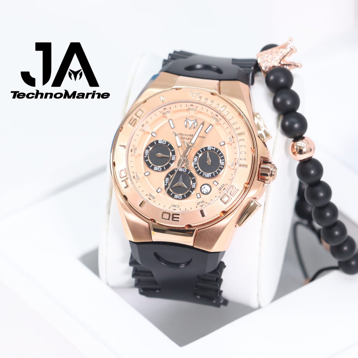 Technomarine Men's Cruise 45mm Black Leather Band Steel Case Quartz Rose Gold-Tone