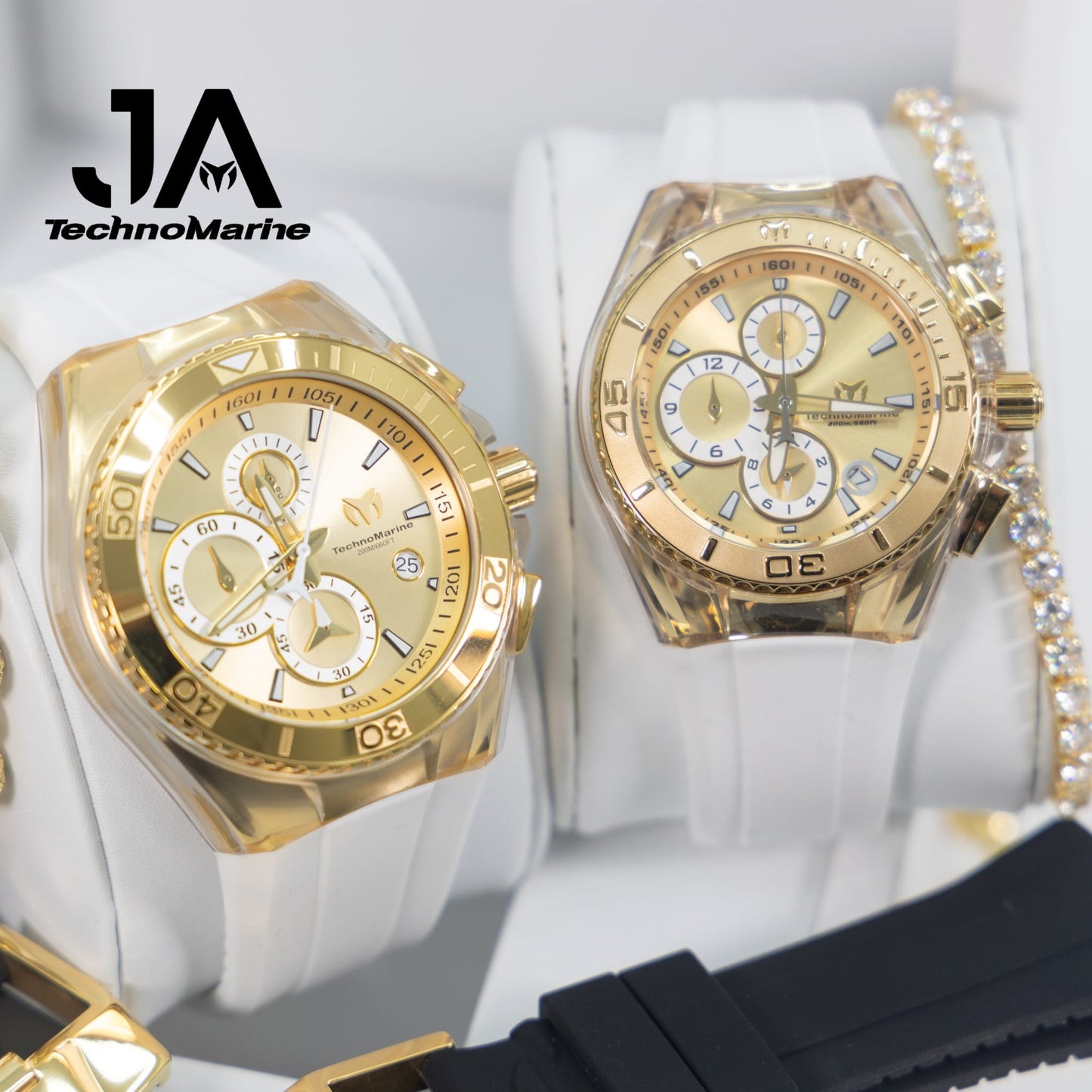 Set Two Technomarine Gold and Gold 46 mm and 40 mm Both Two white, black straps