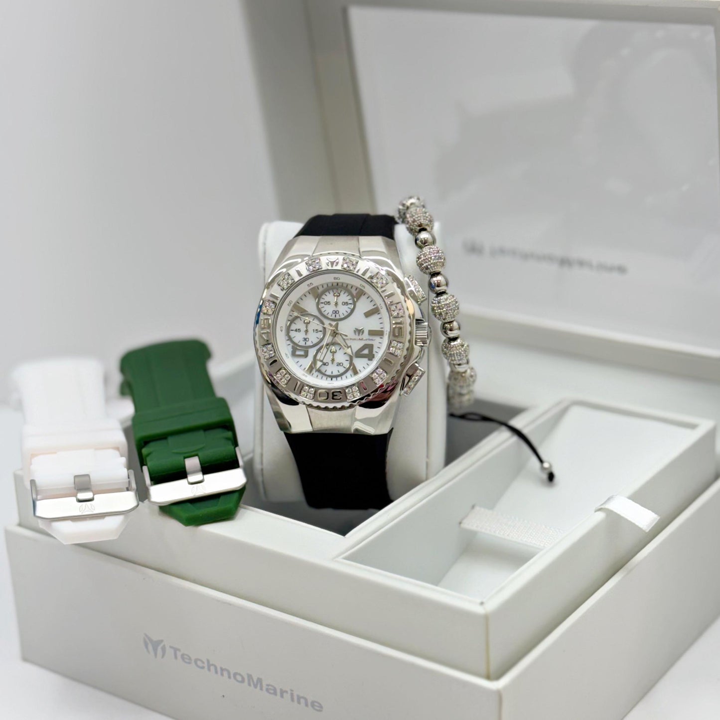 New Modelo 2025 TechnoMarine Cruise Original Men's Watch w/ Mother of Pearl Dial 44 mm, Black, Silver Green with Interchangeable Strap Custom Moisanite