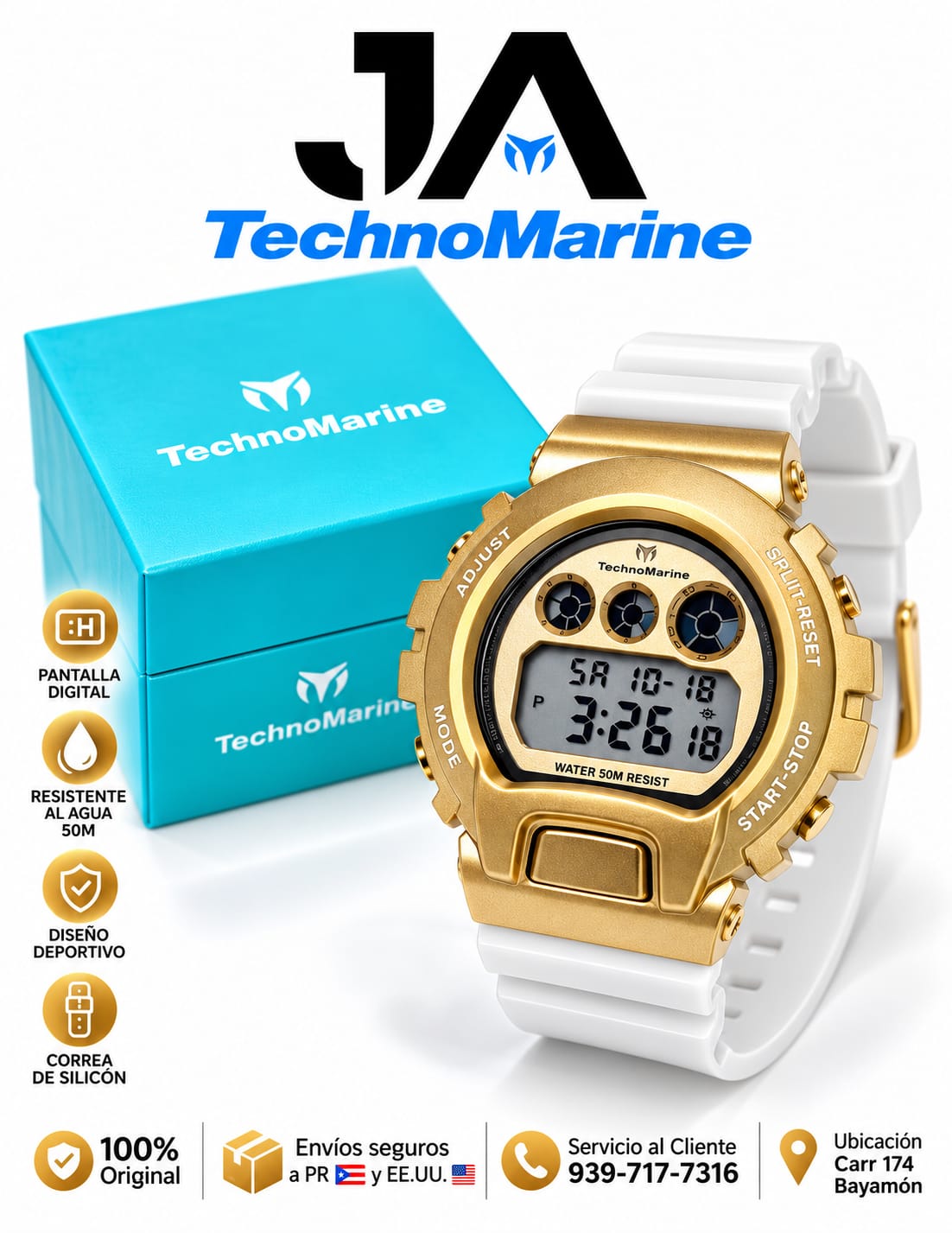 TechnoMarine HydraTech Mariner Digital Men’s Watch – Gold & White 45mm