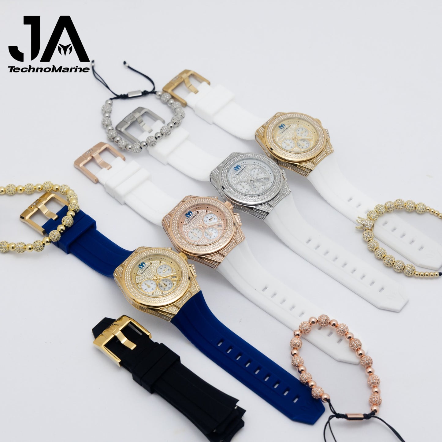 Technomarine Pave Cruise Maquina Suiza- Color Oro Incluye botones custom y Una hebilla custom Correa Azul y Negra
