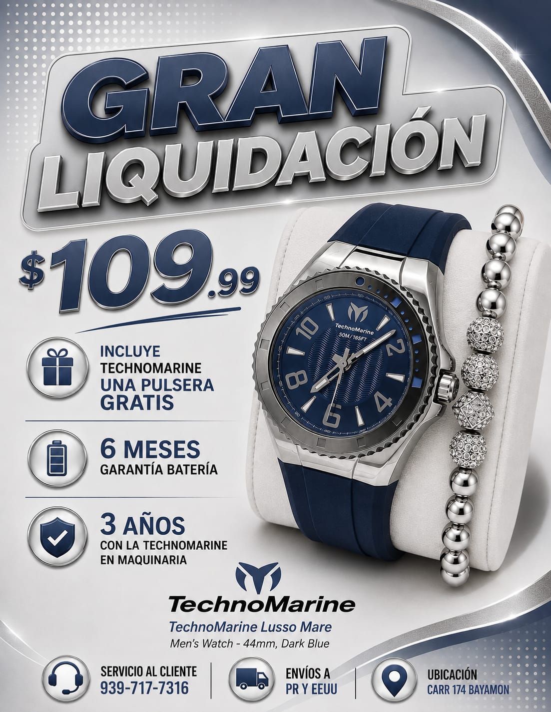 TechnoMarine Lusso Mare Men's Watch - 44mm, Dark Blue