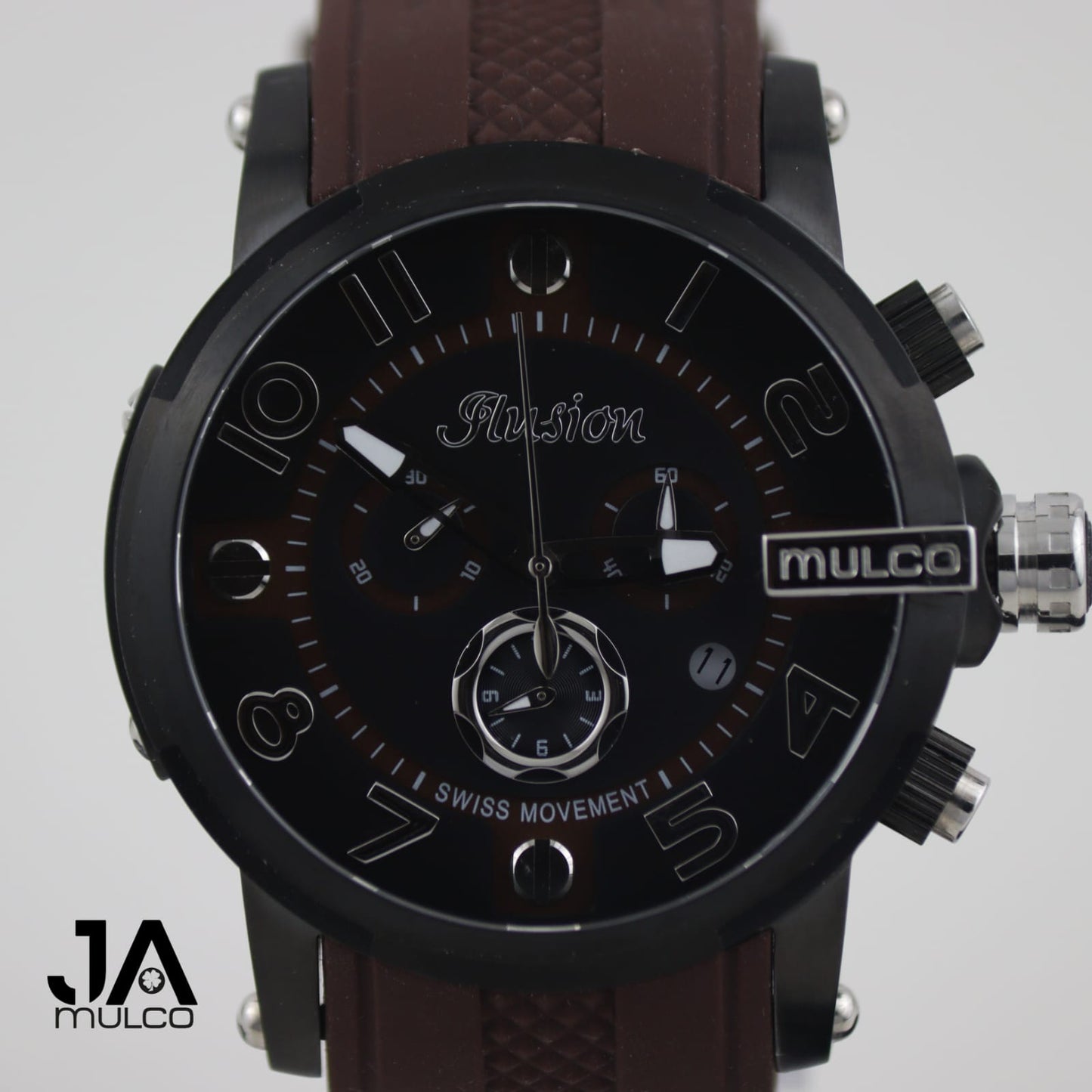 Mulco Black Dial Brown Silicone Band Unisex Quartz Watch 45 mm