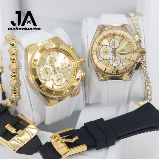 Set Two Technomarine Gold and Gold 46 mm and 40 mm Both Two white, black straps