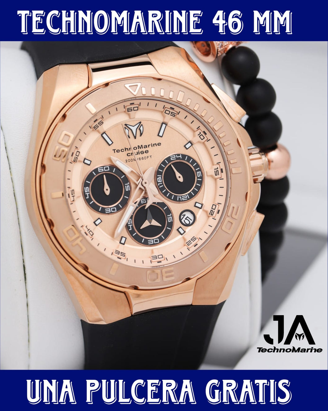 Technomarine Men's Cruise 45mm Black Leather Band Steel Case Quartz Rose Gold-Tone