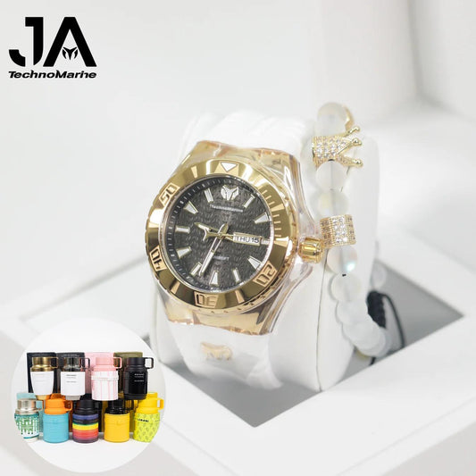 TechnoMarine Cruise Monogram Men's Watch - 47.8mm, Oro Correa Blanca + Una Pulsera + Perfume Adicional