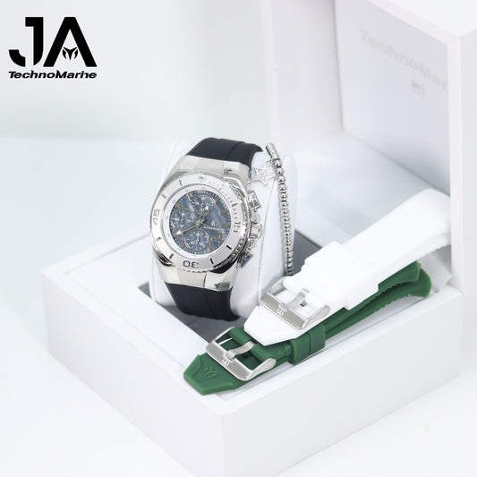 New Modelo 2025  TechnoMarine Cruise Original Men's Watch w/ Mother of Pearl Dial 44 mm, Black, Silver Green with Interchangeable Strap