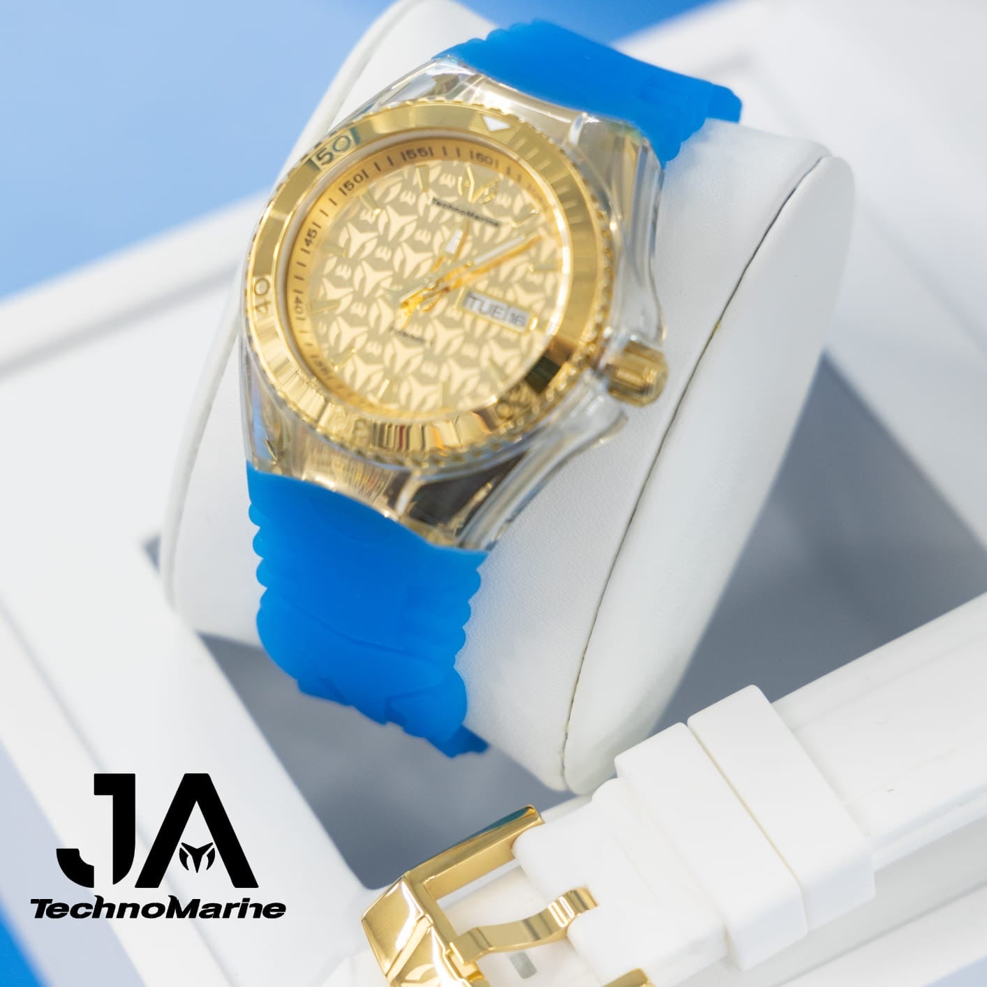 Technomarine 40 mm Cruise Monogram Gold Dial White And Blue Silicone Unisex Watch Una Pulcera Gratis