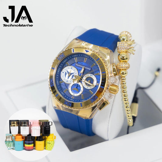 TechnoMarine Cruise California Men's Watch - 46mm, Oro Correa Azul + Una Pulsera + Perfume Adicional