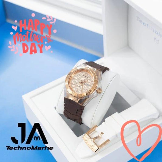 Technomarine 40 mm Cruise Monogram Gold Dial Rose Gold and Brown Silicone Watch Una Pulcera Gratis