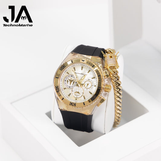 Technomarine Hombre Cruise California Men's Watch w/ Metal, & Oyster Dial Con una Pulsera Cubana Baño 14 k