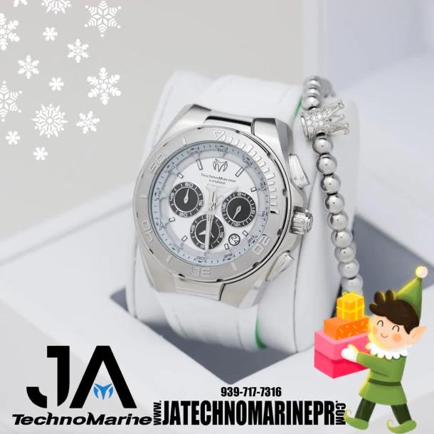 Technomarine 45mm Cruise Steel Silver Case Chronograph Men's Watch Correa Blanca Y Verde Neon