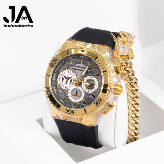 TechnoMarine Cruise California Men's Watch w/ Metal,& Oyster Dial Con Una Pulsera Cubana Baño 14 k