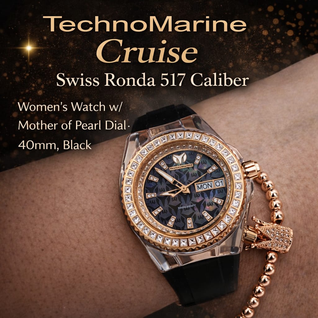 TechnoMarine Cruise Swiss Ronda 517 Caliber Women's Watch w/ Mother of Pearl Dial- 40mm, Black