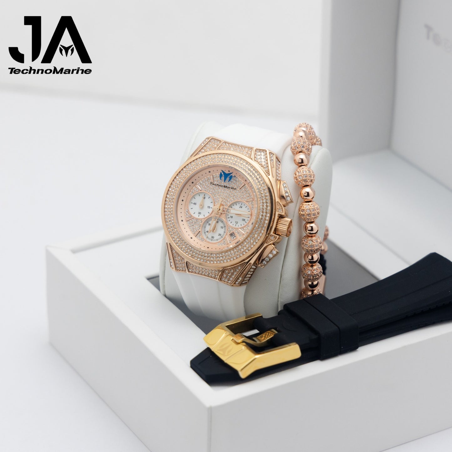 Technomarine Pave Cruise Maquina Suiza- Color Oro Rosado ,Dos Incluye botones custom y Una hebilla custom Correa Blanca y Negra