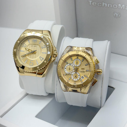 Set Two Technomarine Gold and Gold 46 mm and 40 mm Both Two white, black straps