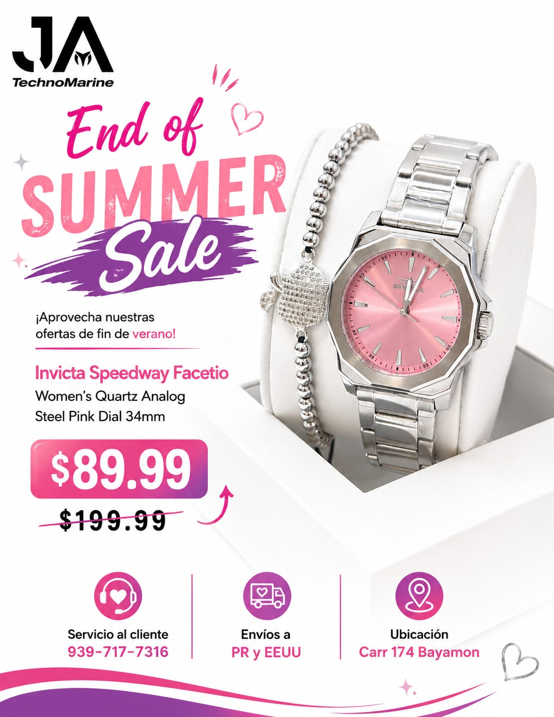 Invicta Speedway Facetio Women's Quartz Analog Steel Pink Dial 34mm Silver