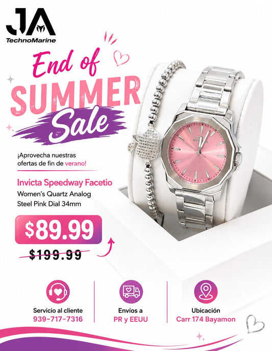 Invicta Speedway Facetio Women's Quartz Analog Steel Pink Dial 34mm Silver