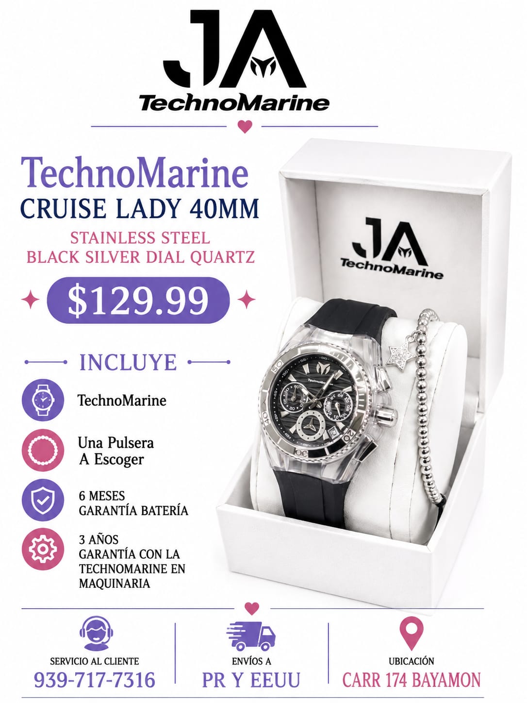 Technomarine Cruise Lady 40mm Stainless Steel Black Silver Dial Quartz Una Pulsera Gratis