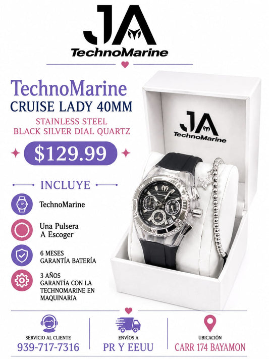 Technomarine Cruise Lady 40mm Stainless Steel Black Silver Dial Quartz Una Pulsera Gratis
