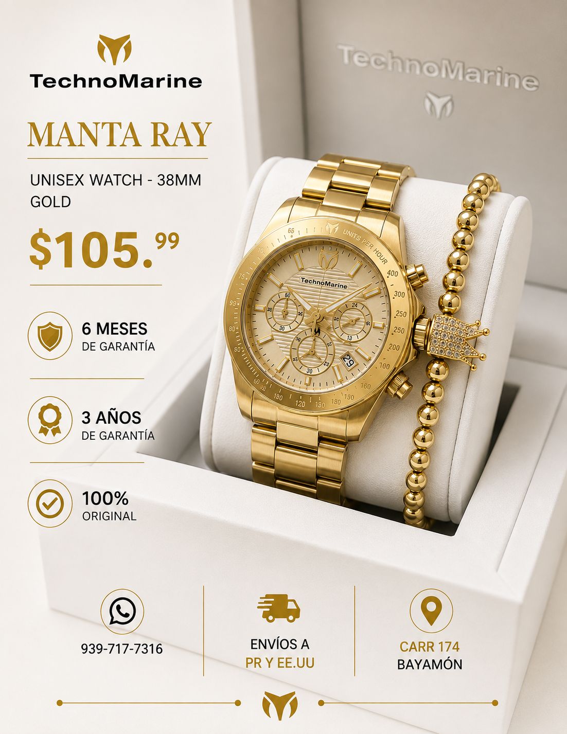 Technomarine Manta Ray Chronograph Quartz White Dial 38mm Gold Incluye Pulsera
