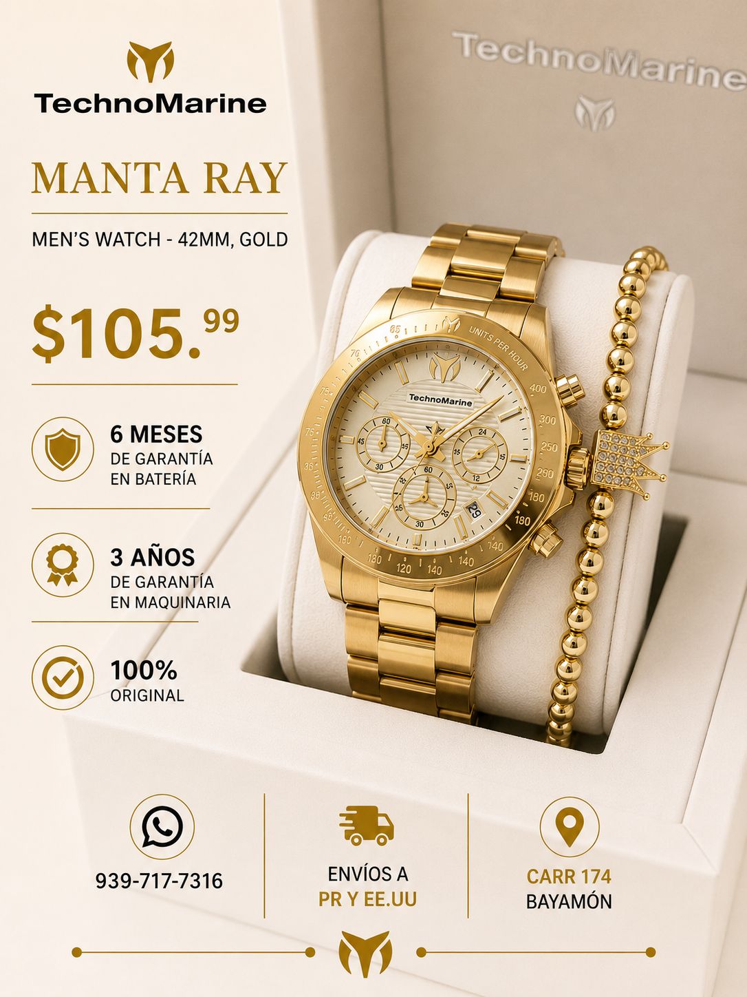 Technomarine Manta Ray Chronograph Quartz White Dial 42mm Gold Incluye Pulsera