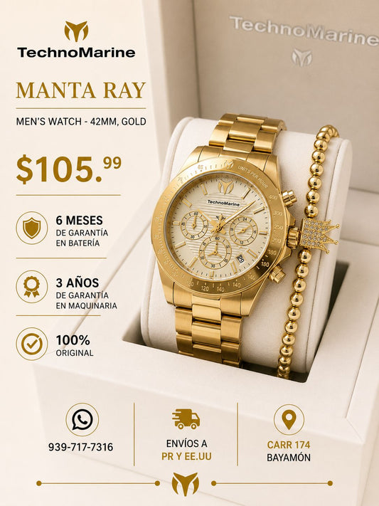 Technomarine Manta Ray Chronograph Quartz White Dial 42mm Gold Incluye Pulsera