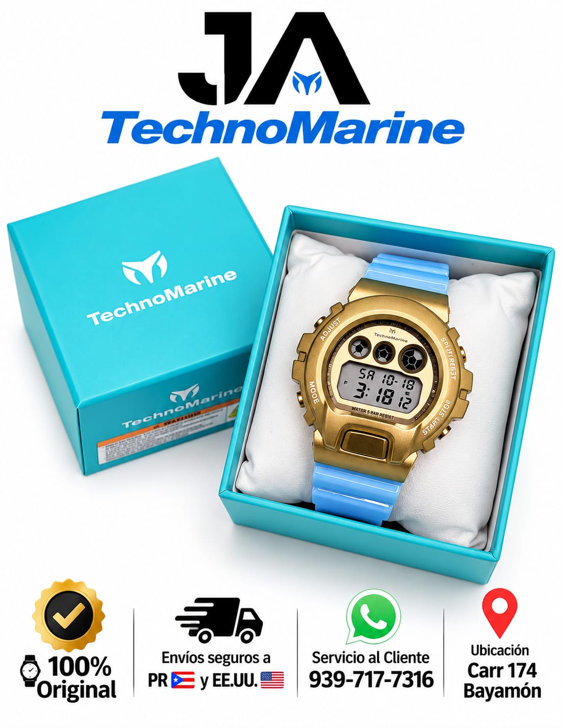 TechnoMarine HydraTech Mariner Digital Men’s Watch – Gold & Blue 45mm
