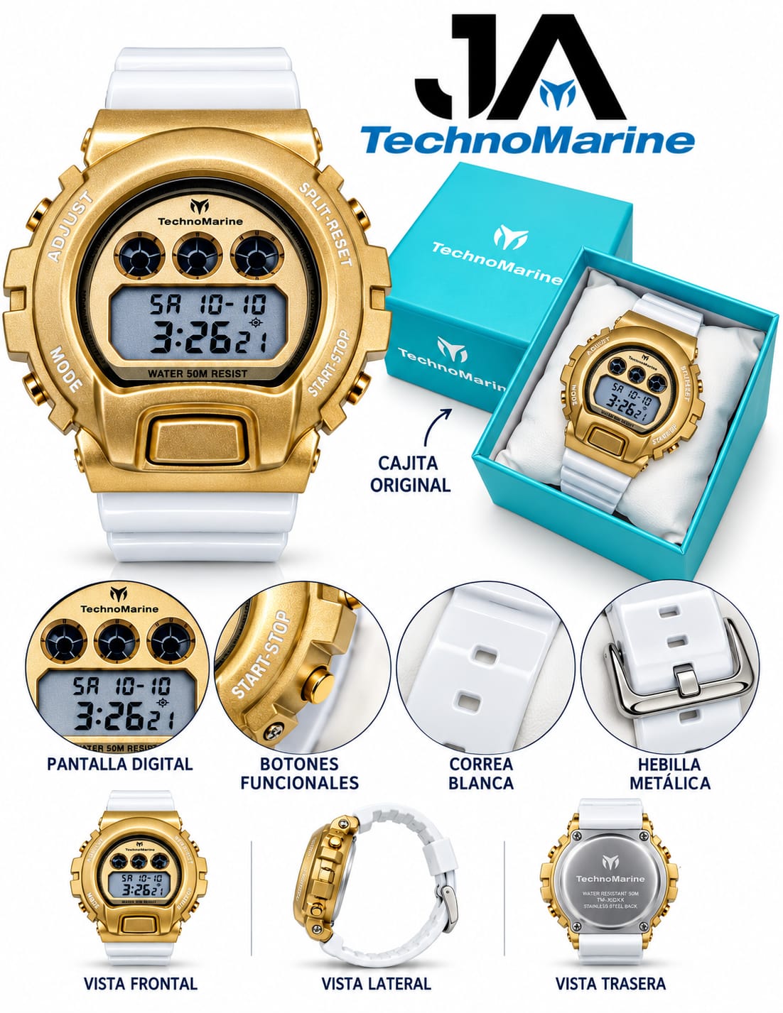 TechnoMarine HydraTech Mariner Digital Men’s Watch – Gold & White 45mm