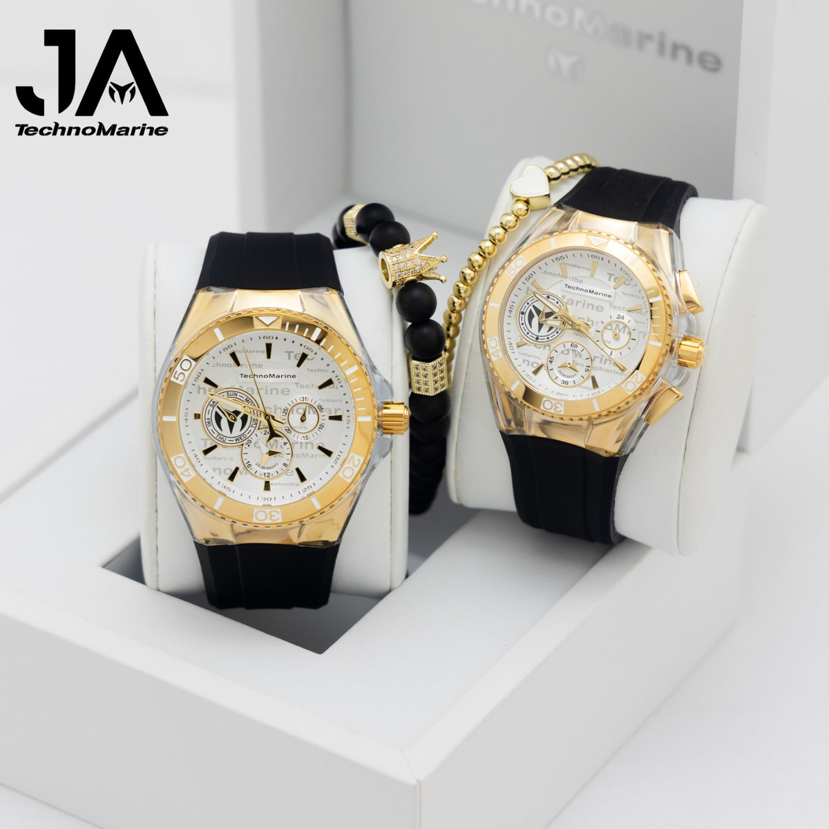 Set Two Technomarine Gold and Gold 46 mm and 40 mm Both Two white, black straps