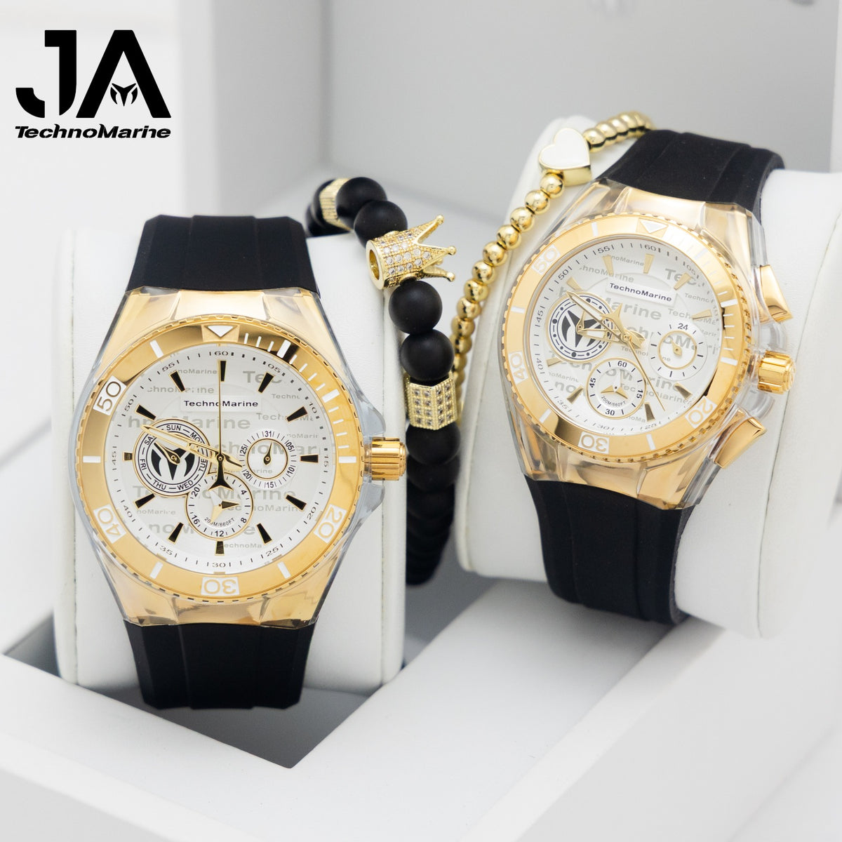 Set Two Technomarine Gold and Gold 46 mm and 40 mm Both Two white, black straps