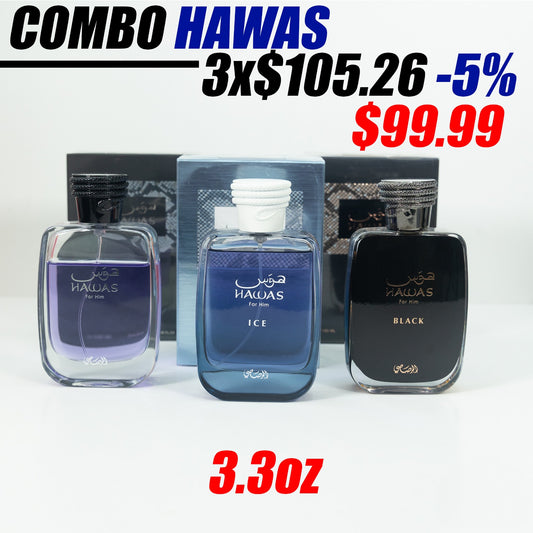 Hawas Rasasi, Ice y Black Pour Homme 3.4oz + 5% De Descuento