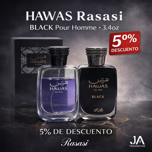 Hawas Rasasi y Black Pour Homme 3.4oz + 5% De Descuento