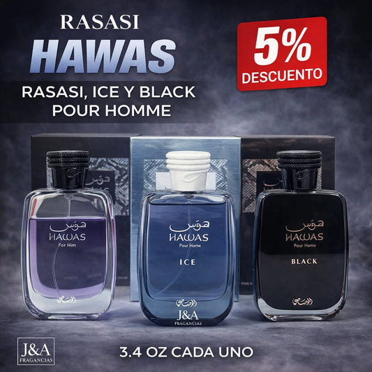 Hawas Rasasi, Ice y Black Pour Homme 3.4oz + 5% De Descuento
