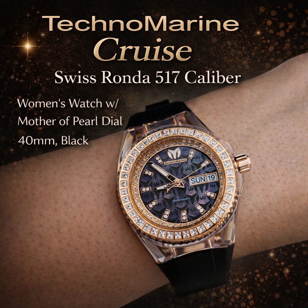 TechnoMarine Cruise Swiss Ronda 517 Caliber Women's Watch w/ Mother of Pearl Dial- 40mm, Black