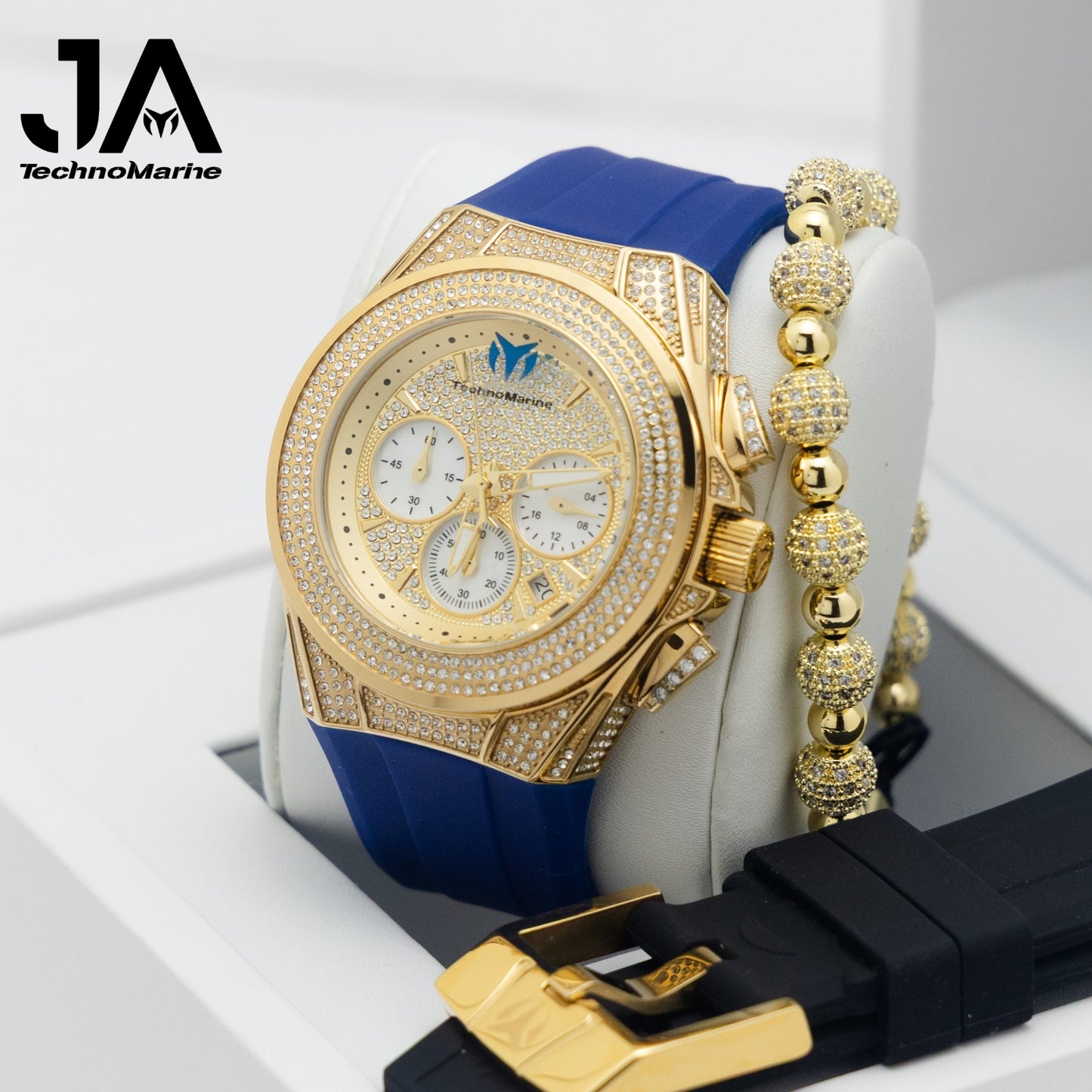 Technomarine Pave Cruise Maquina Suiza- Color Oro Incluye botones custom y Una hebilla custom Correa Azul y Negra