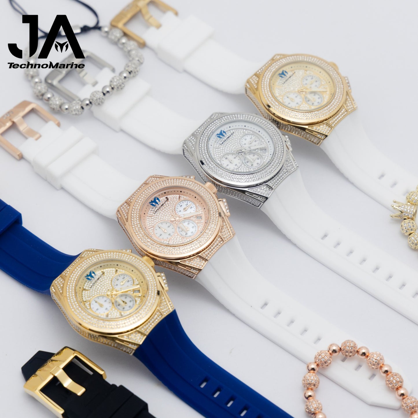 Technomarine Pave Cruise Maquina Suiza- Color Oro Incluye botones custom y Una hebilla custom Correa Azul y Negra