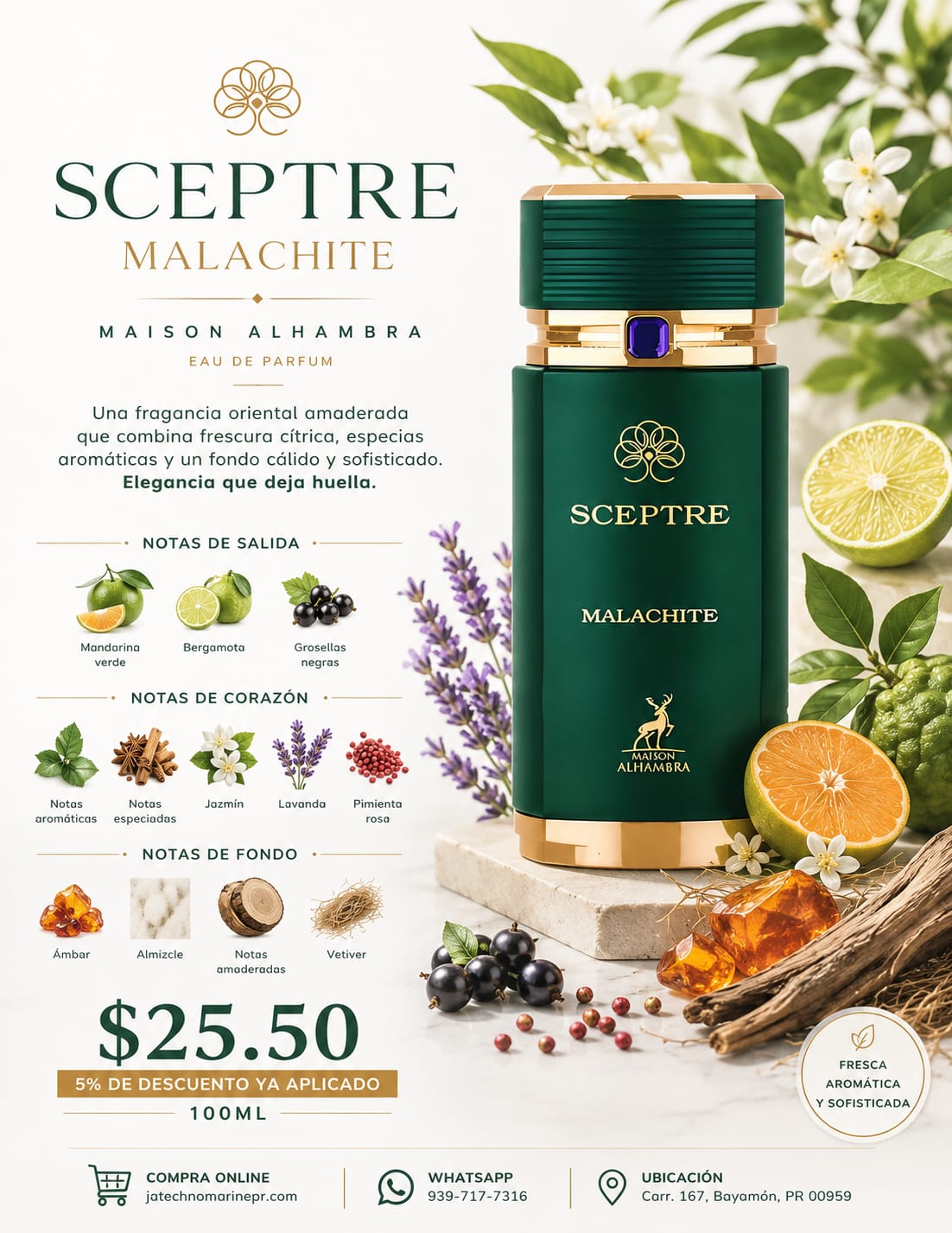 SCEPTRE MALCHITE 3.4OZ  5% DE DESCUENTO ADICIONAL TOTAL DESCUENTO APLICADO $25.50
