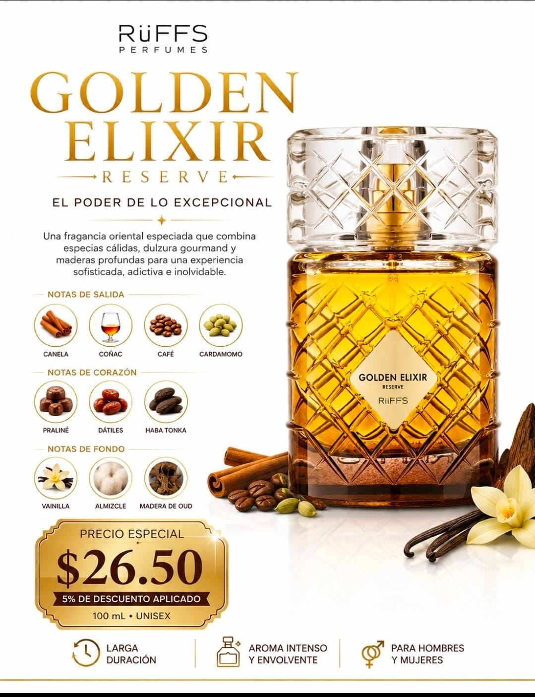 GOLDEN ELIXIR RESERVE RIFFS 3.4oz 5% DE DESCUENTO ADICIONAL TOTAL DESCUENTO APLICADO $26.50