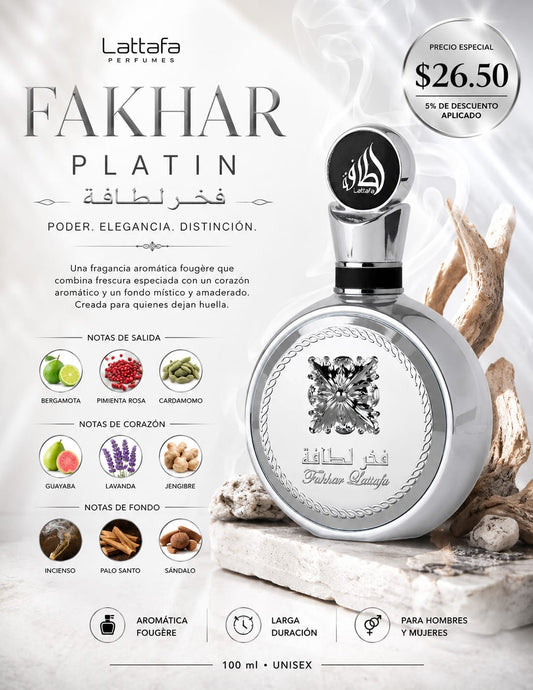 FAKHAR PLATINUM LATTAFA 3.4 OZ 5% DE DESCUENTO ADICIONAL TOTAL DESCUENTO APLICADO $26.50