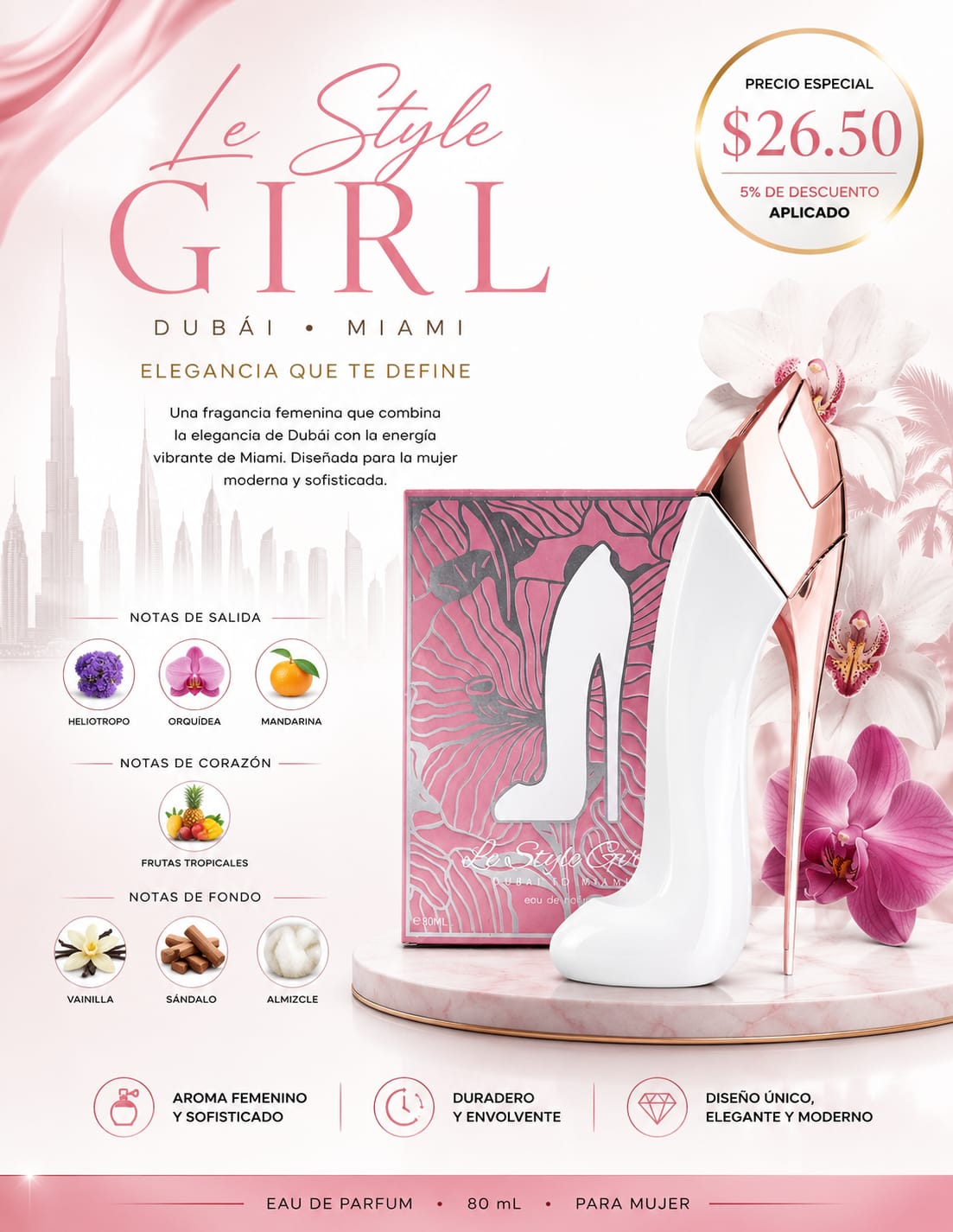 LE STYLE GIRL DUBAI TO MIAMI 2.7 OZ 5% DE DESCUENTO ADICIONAL TOTAL DESCUENTO APLICADO $18.50
