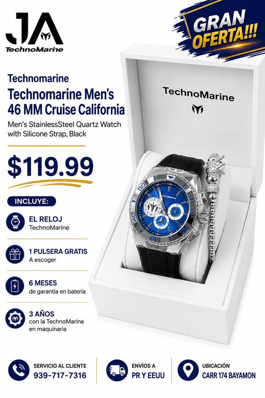 Technomarine Men's 46 MM  Cruise California Men's StainlessSteel Quartz Watch with Silicone Strap, Black