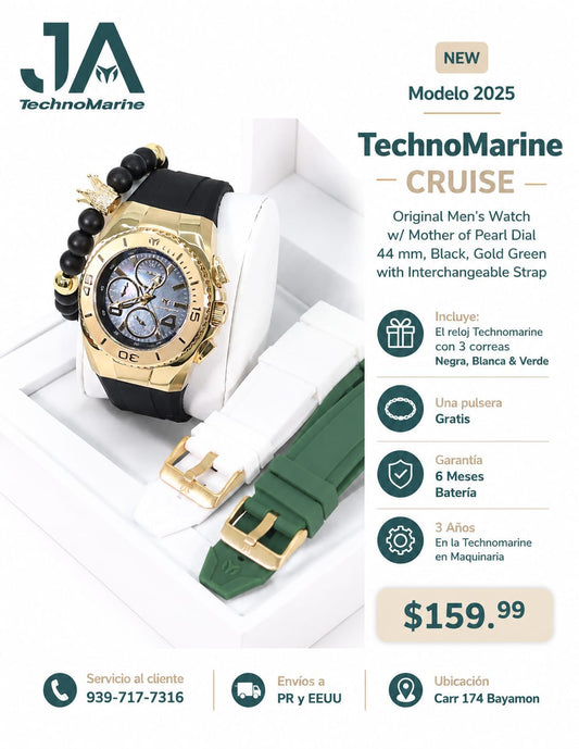 New Modelo 2025  TechnoMarine Cruise Original Men's Watch w/ Mother of Pearl Dial 44 mm, Black, Gold Green with Interchangeable Strap