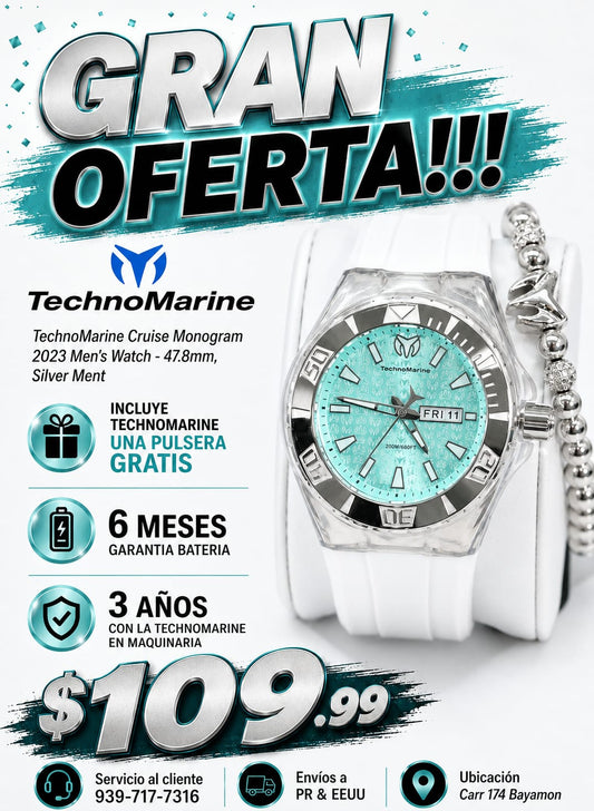 TechnoMarine Cruise Monogram 2023 Men's Watch - 47.8mm, Silver Ment  INCLUYE PULSERA