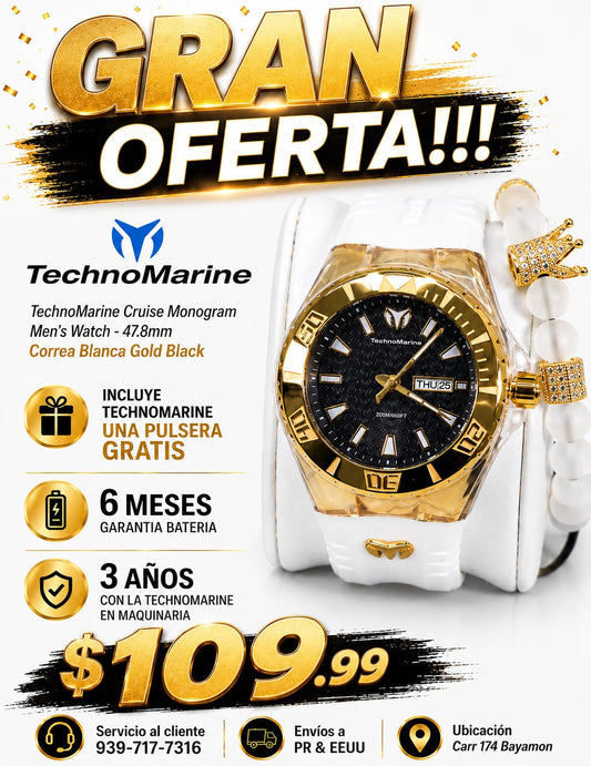 TechnoMarine Cruise Monogram Men's Watch - 47.8mm Gold Black Correa Blanca