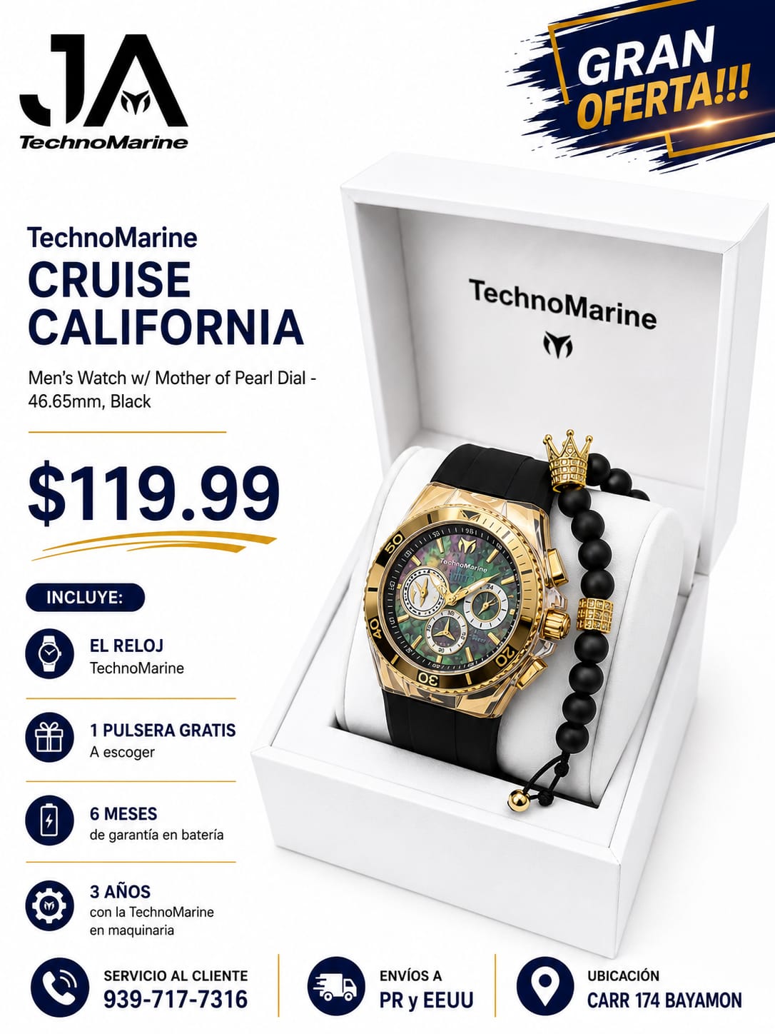 TechnoMarine Cruise California Men's Watch w/ Mother of Pearl Dial - 46.65mm, Black