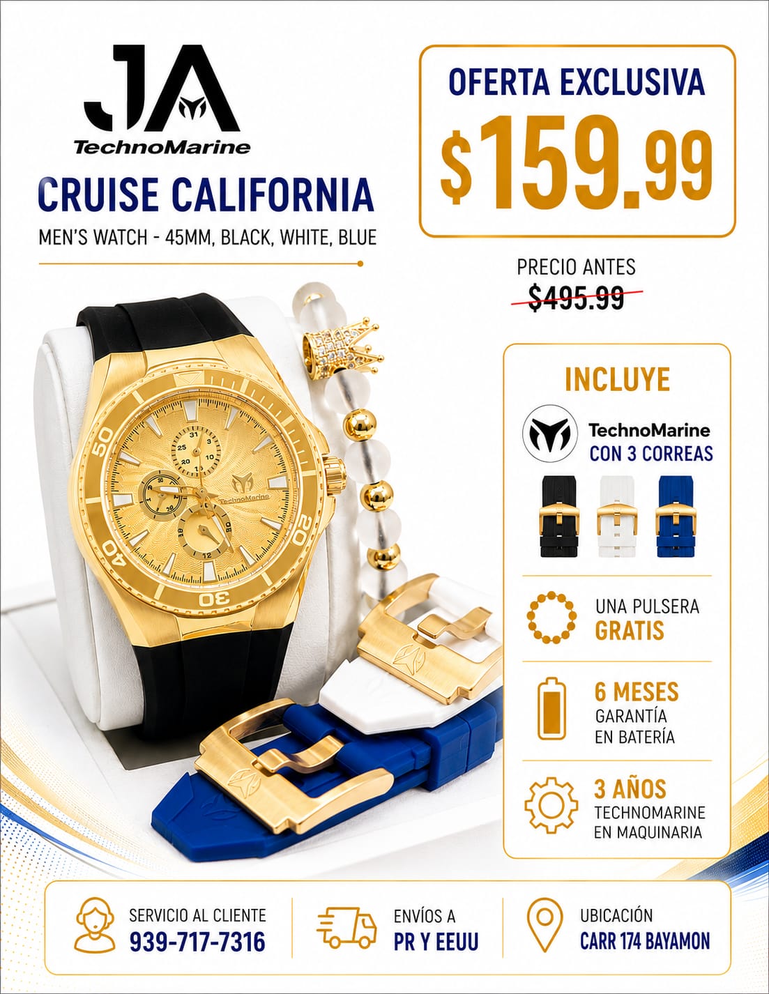 TechnoMarine Cruise California Men's Watch - 45mm, Black, White, Blue  Incluye 3 Correas, Negra, Blanca y Azul